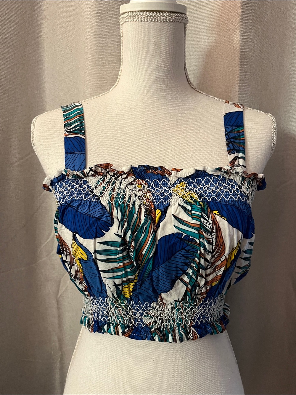 Smocked Tropical Print Crop Top - Blue